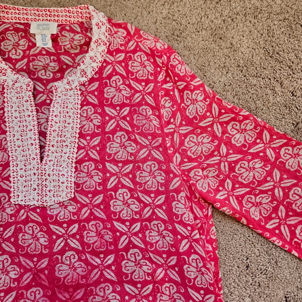 Sigrid Olsen Embroidered Tunic Top Women's Sz M Boho Pink Lightweight Cotton